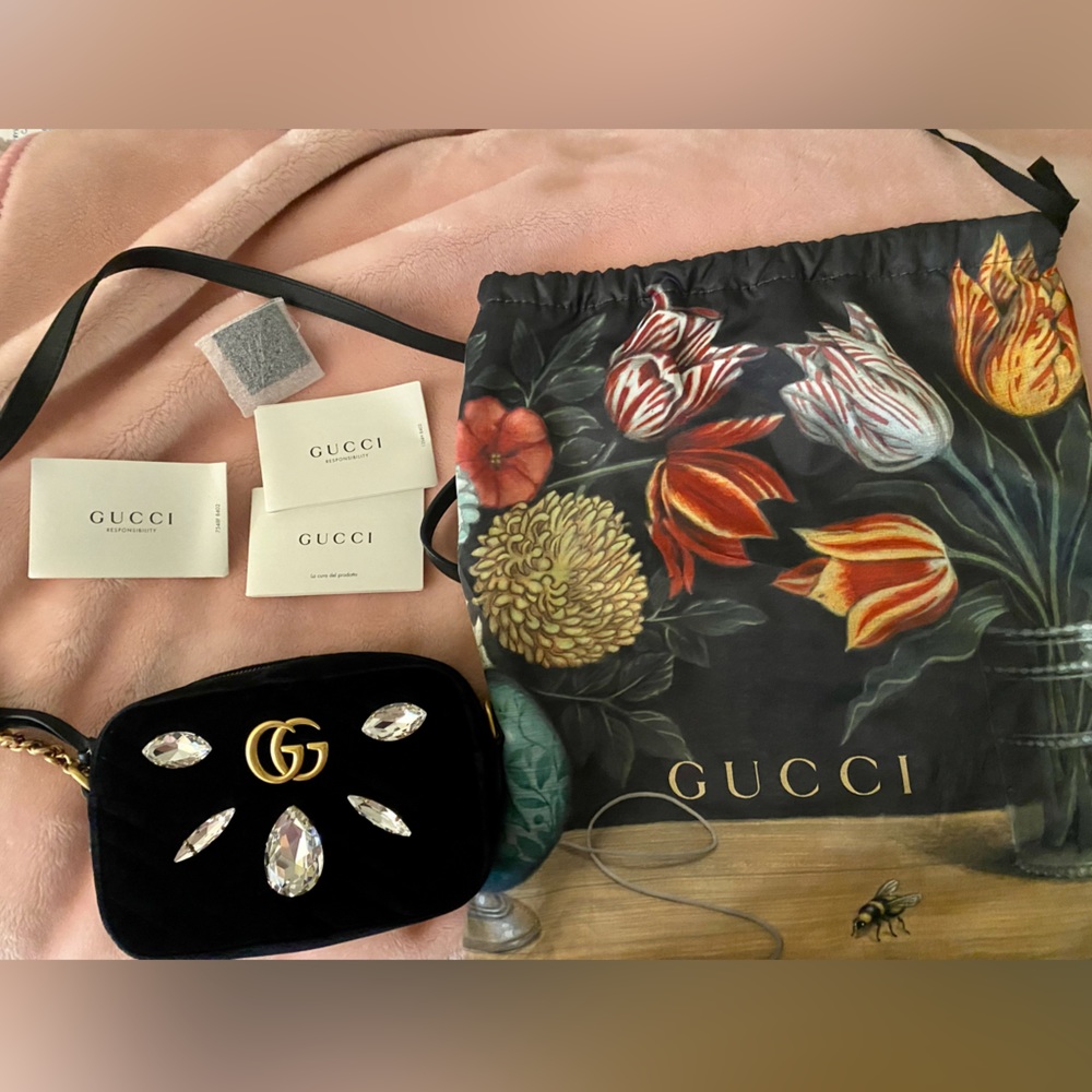 SOLD Gucci AUTHENTIC GG Marmont Crystal Emb Matelasse Black Velvet Shoulder Bag
